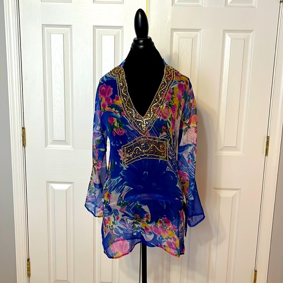 Custom Made Indian Style Blue Floral Tunic - Fits Size Small to Medium - Picture 1 of 7